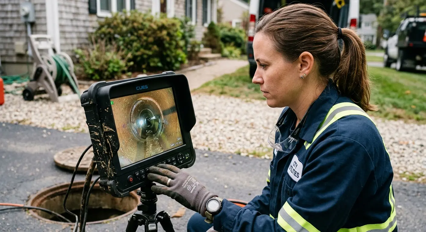 Technician reviewing sewer camera inspection footage in Tyngsborough