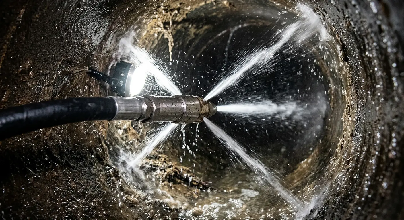 High-pressure hydro jetting nozzle cleaning sewer pipe for Sewer Cleanout in Tyngsborough
