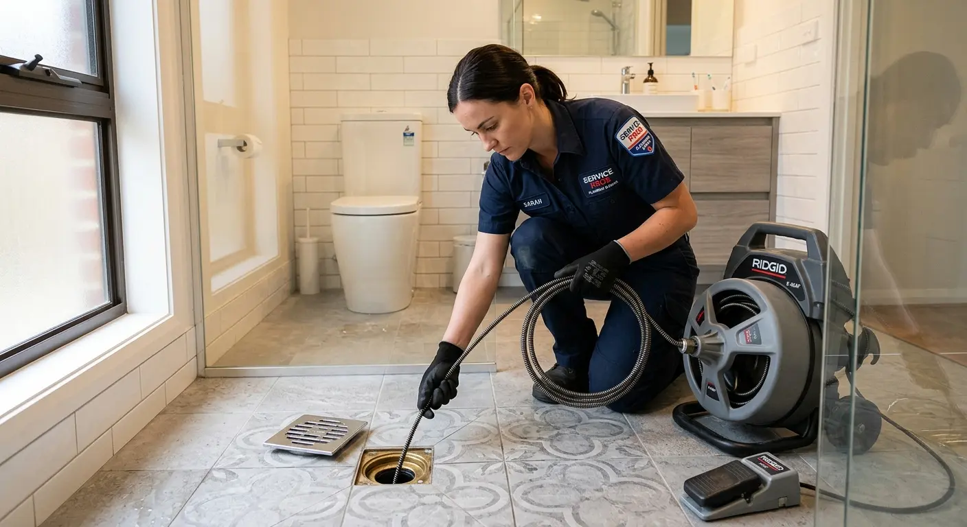 Technician clearing a bathroom floor drain for Hydro Jetting in Tyngsborough